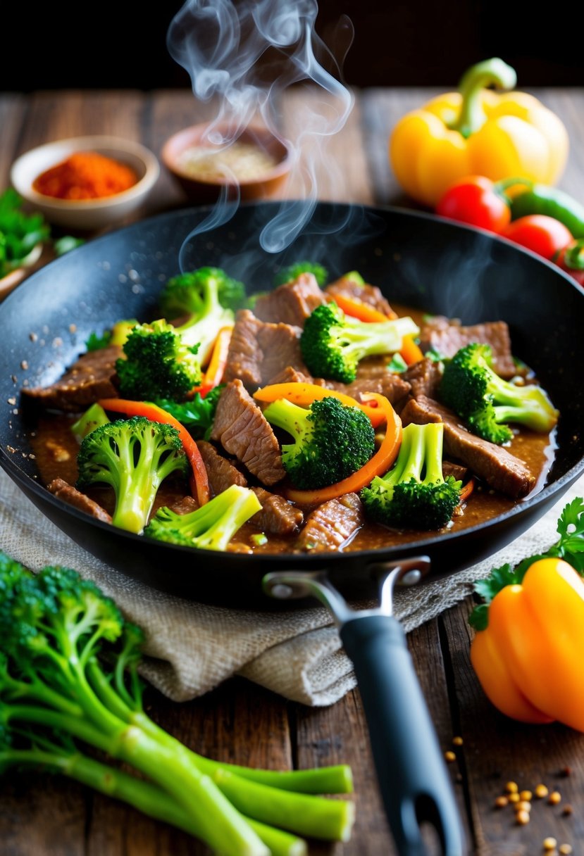 A sizzling skillet of beef and broccoli stir fry, steam rising, surrounded by colorful vegetables and aromatic spices