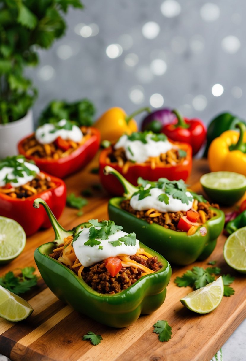 Taco-stuffed peppers surrounded by colorful ingredients on a wooden cutting board