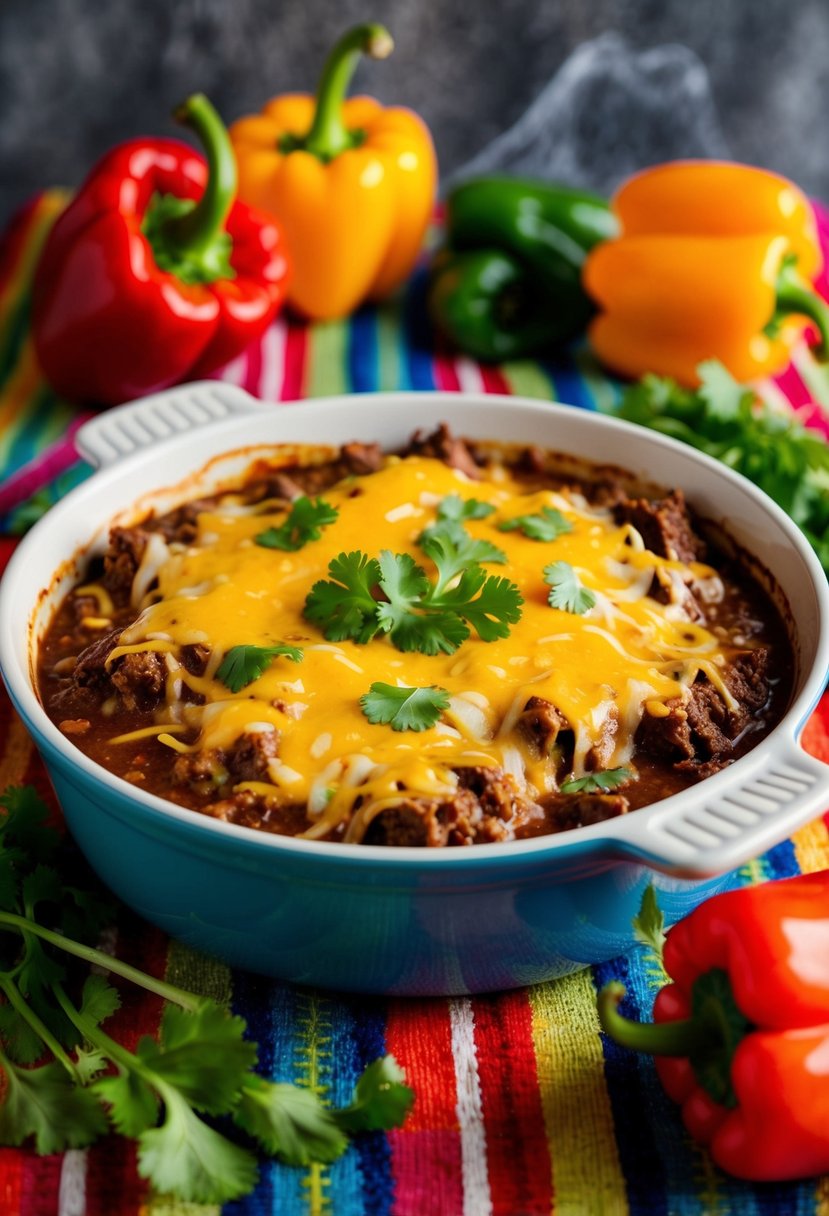 A steaming Beef Enchilada Casserole sits on a colorful tablecloth, surrounded by vibrant peppers and fresh cilantro