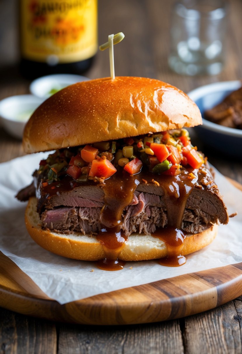 A steaming Italian beef sandwich with dripping au jus, topped with giardiniera and served on a crusty Italian roll