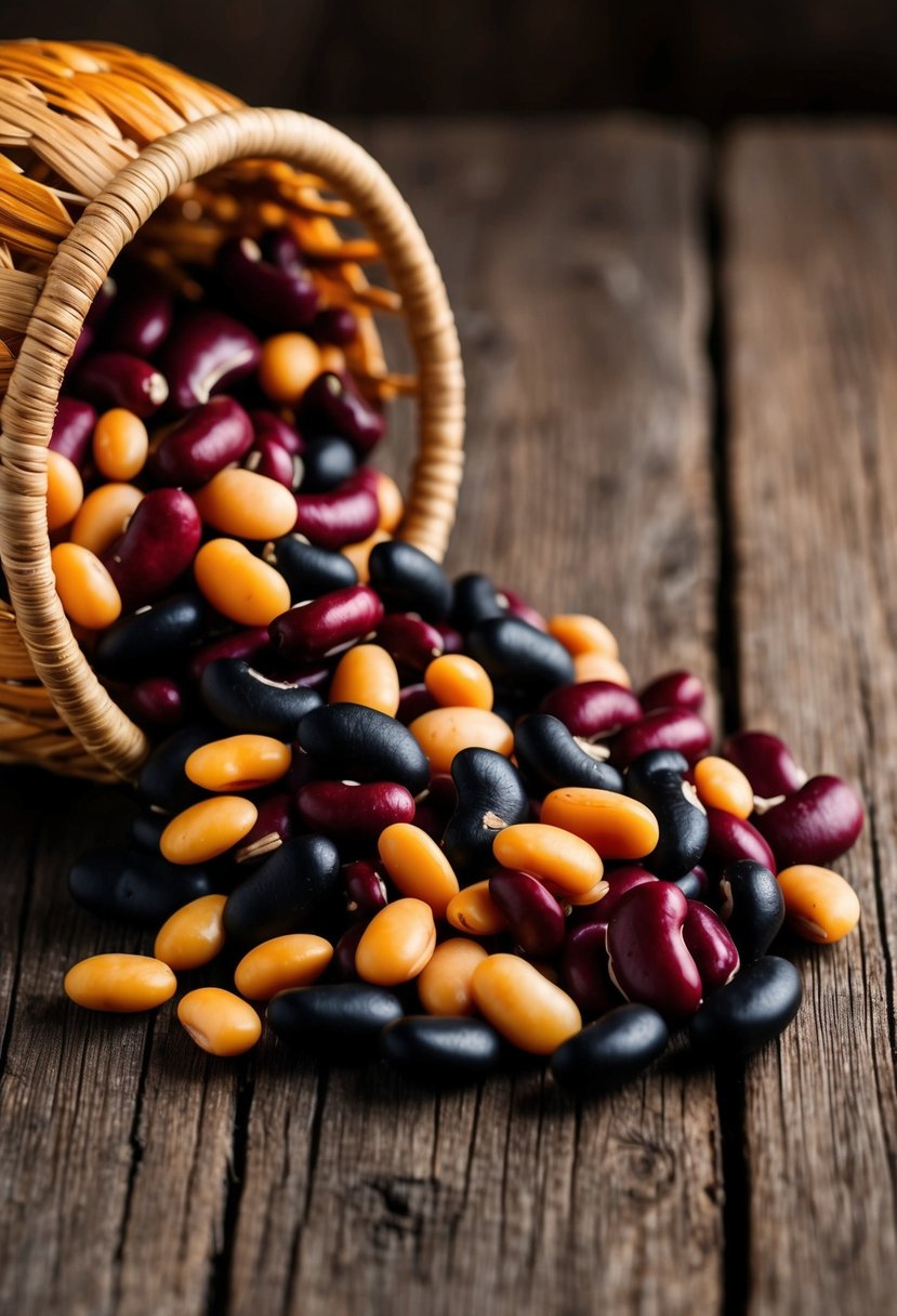 A colorful array of beans, including kidney, black, and pinto, spill out of a woven basket onto a rustic wooden table