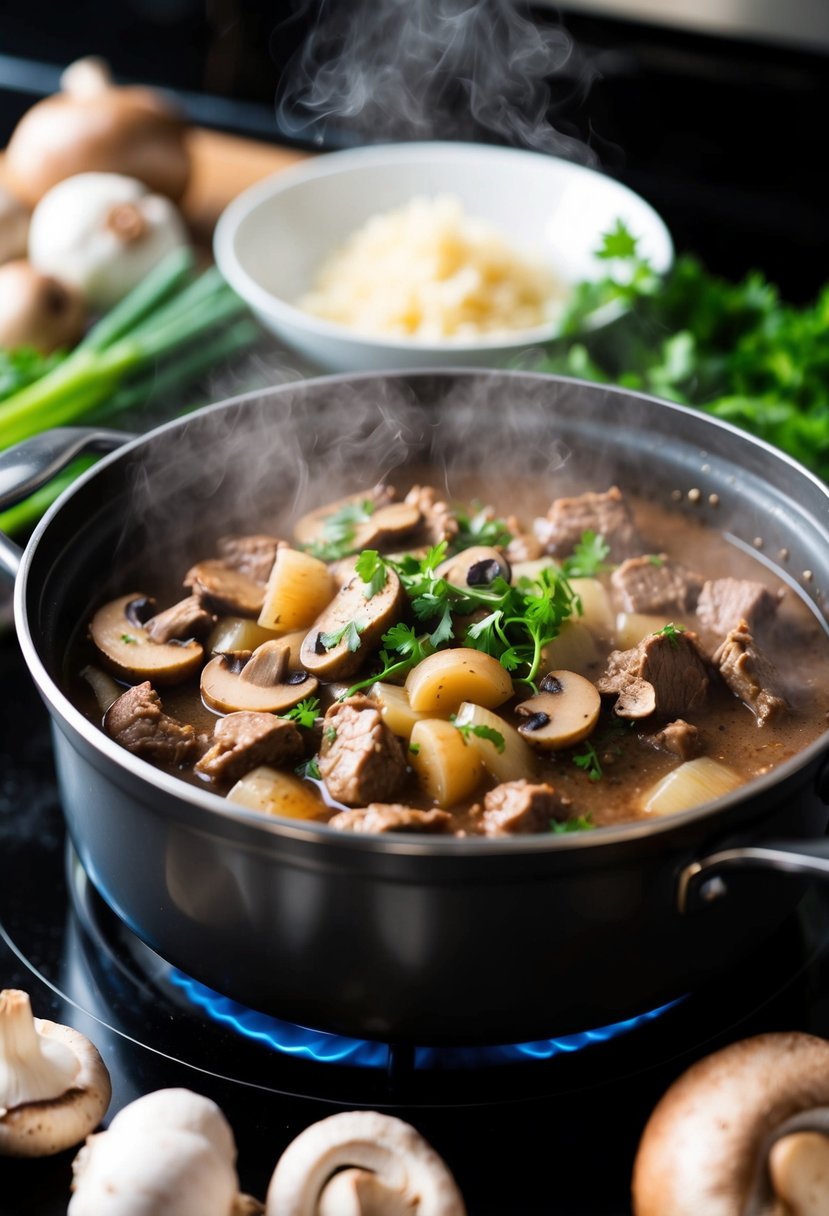 A steaming pot of beef and mushroom stroganoff simmering on a stovetop, surrounded by fresh ingredients like mushrooms, onions, and garlic