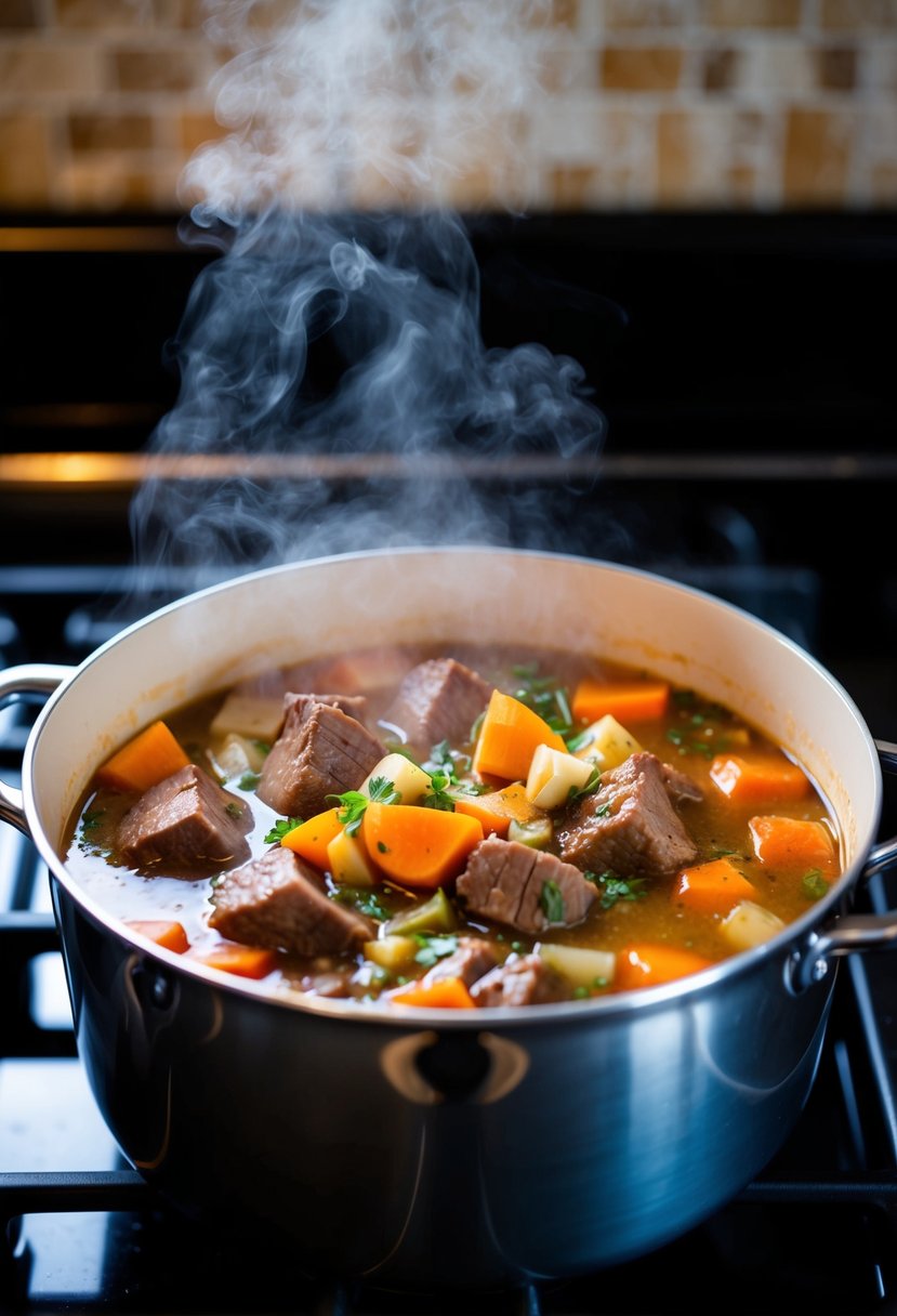 A pot simmering on a stove, filled with chunks of beef, vegetables, and broth, steam rising from the bubbling stew