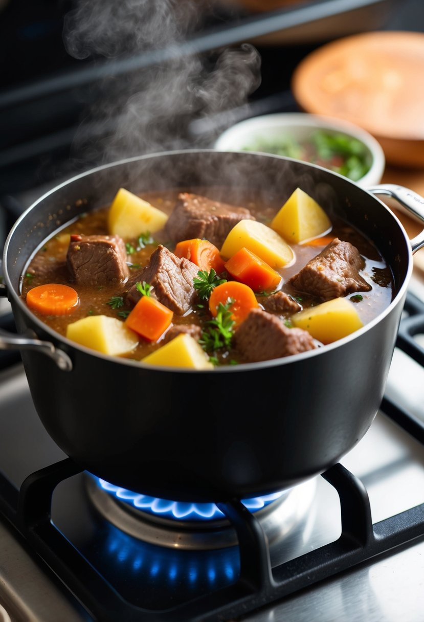 A steaming pot of classic beef stew simmering on a stovetop, filled with tender chunks of beef, carrots, potatoes, and savory broth