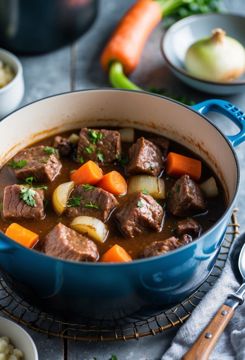 A simmering pot of Beef Bourguignon with chunks of tender beef, carrots, and onions, surrounded by a rustic kitchen setting