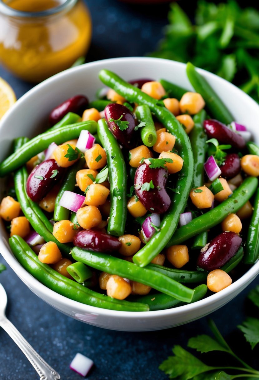 A colorful mix of kidney, garbanzo, and green beans, tossed in a tangy vinaigrette, with diced red onion and chopped parsley