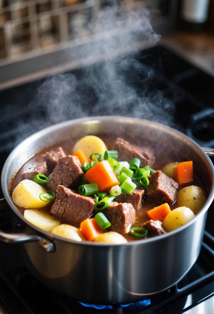 A steaming pot of Korean beef stew simmers on a stove, filled with tender chunks of beef, carrots, potatoes, and green onions, emitting a rich, savory aroma