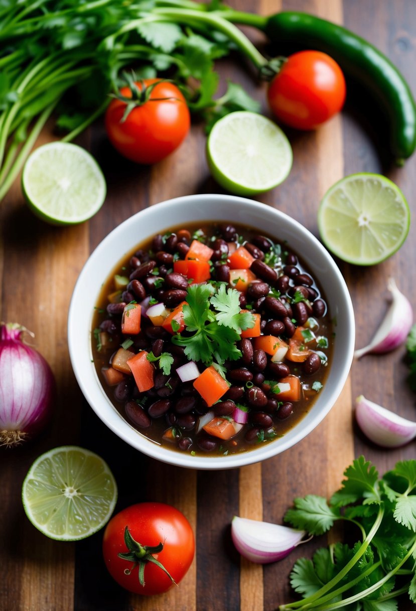 A colorful bowl of black bean salsa surrounded by fresh ingredients like tomatoes, onions, cilantro, and lime slices on a wooden table