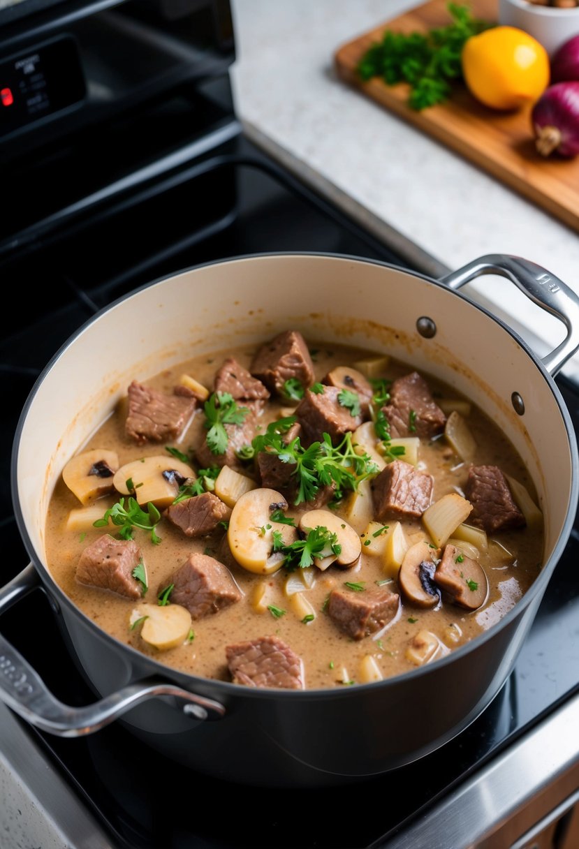 A pot of Beef Stroganoff simmering on a stovetop, with chunks of tender beef, onions, and mushrooms in a creamy sauce