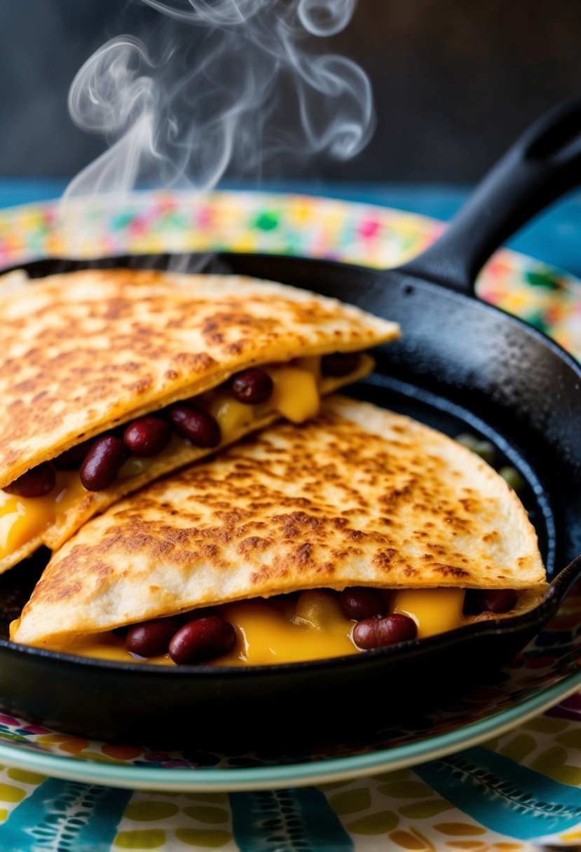 A sizzling skillet holds two golden-brown bean and cheese quesadillas, steam rising as they sit on a colorful plate