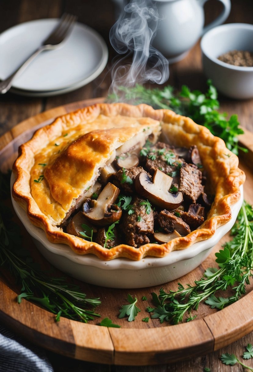 A golden-brown beef and mushroom pie, steam rising from the flaky crust, surrounded by fresh herbs and a rustic wooden serving dish