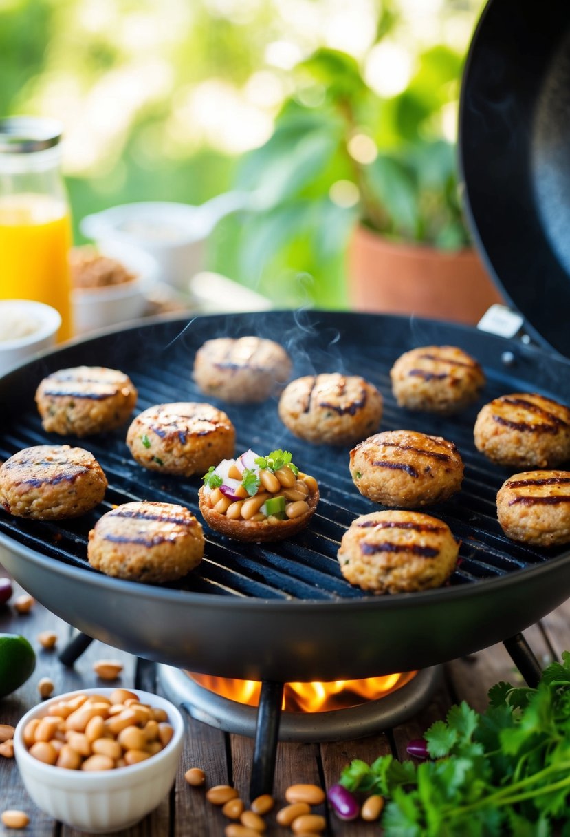 A sizzling grill cooking vegan bean burgers with a variety of beans and recipe ingredients scattered around