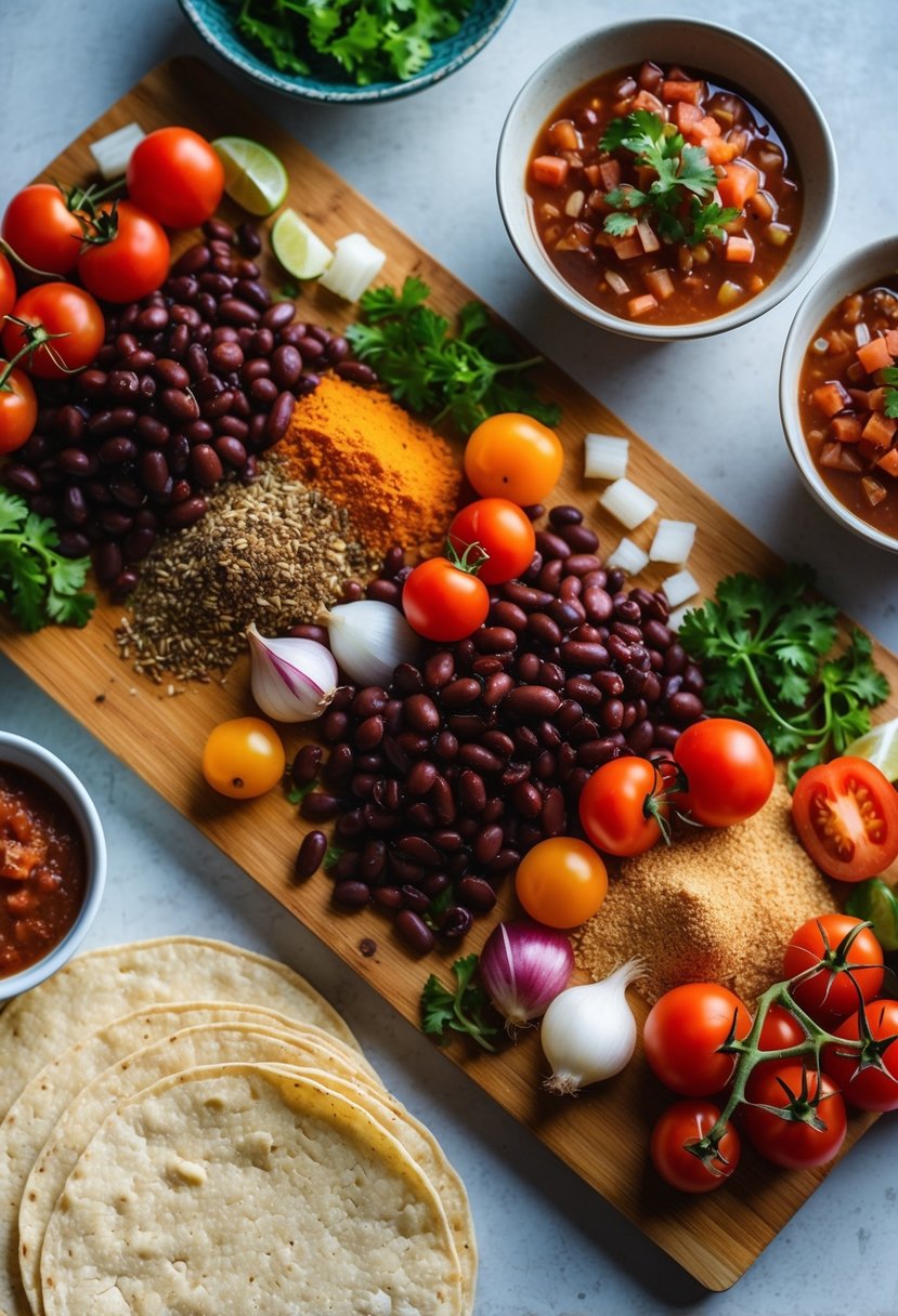 A colorful array of pinto beans, tomatoes, onions, and spices arranged on a wooden cutting board, surrounded by tortillas and a bowl of salsa