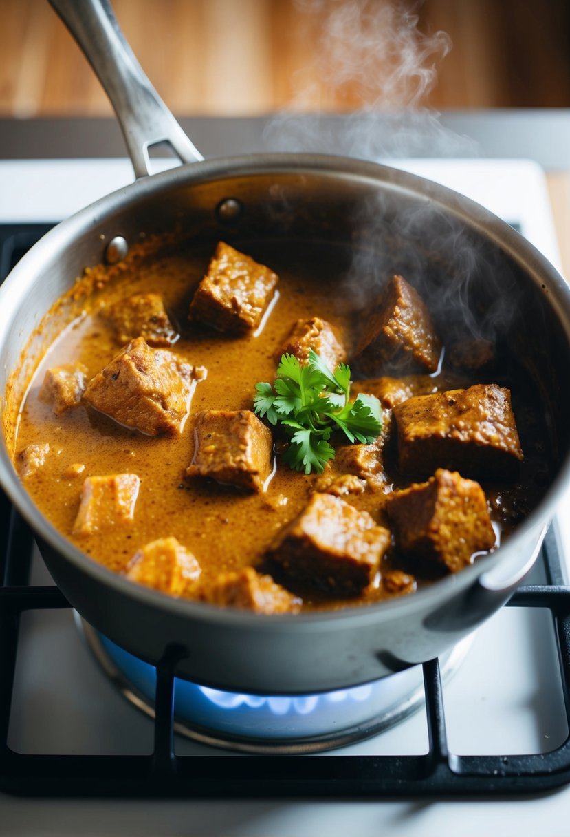 A steaming pot of beef curry simmers on a stove, with chunks of tender meat and aromatic spices