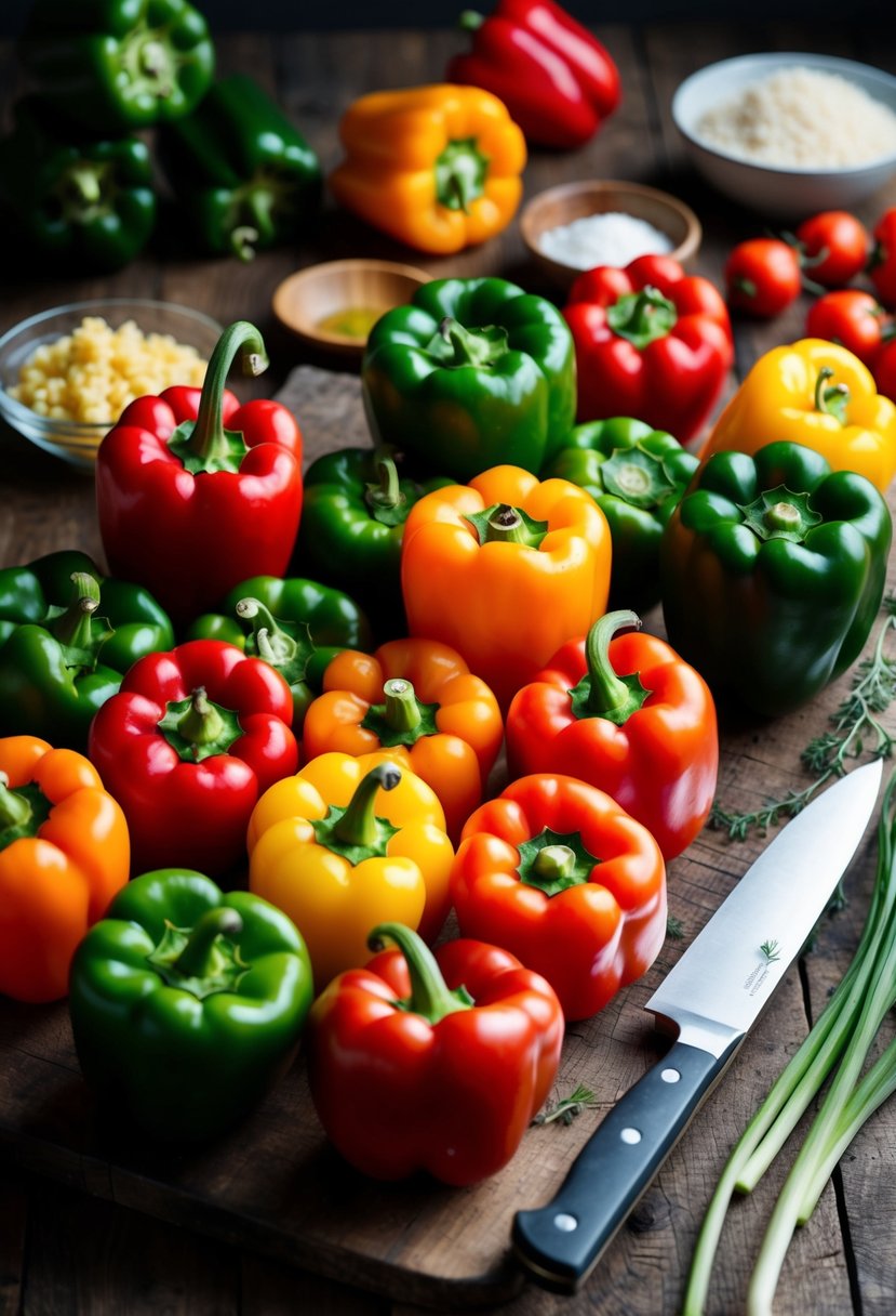 A colorful array of bell peppers arranged on a rustic wooden cutting board. A knife and various ingredients sit nearby, suggesting the preparation of a delicious recipe