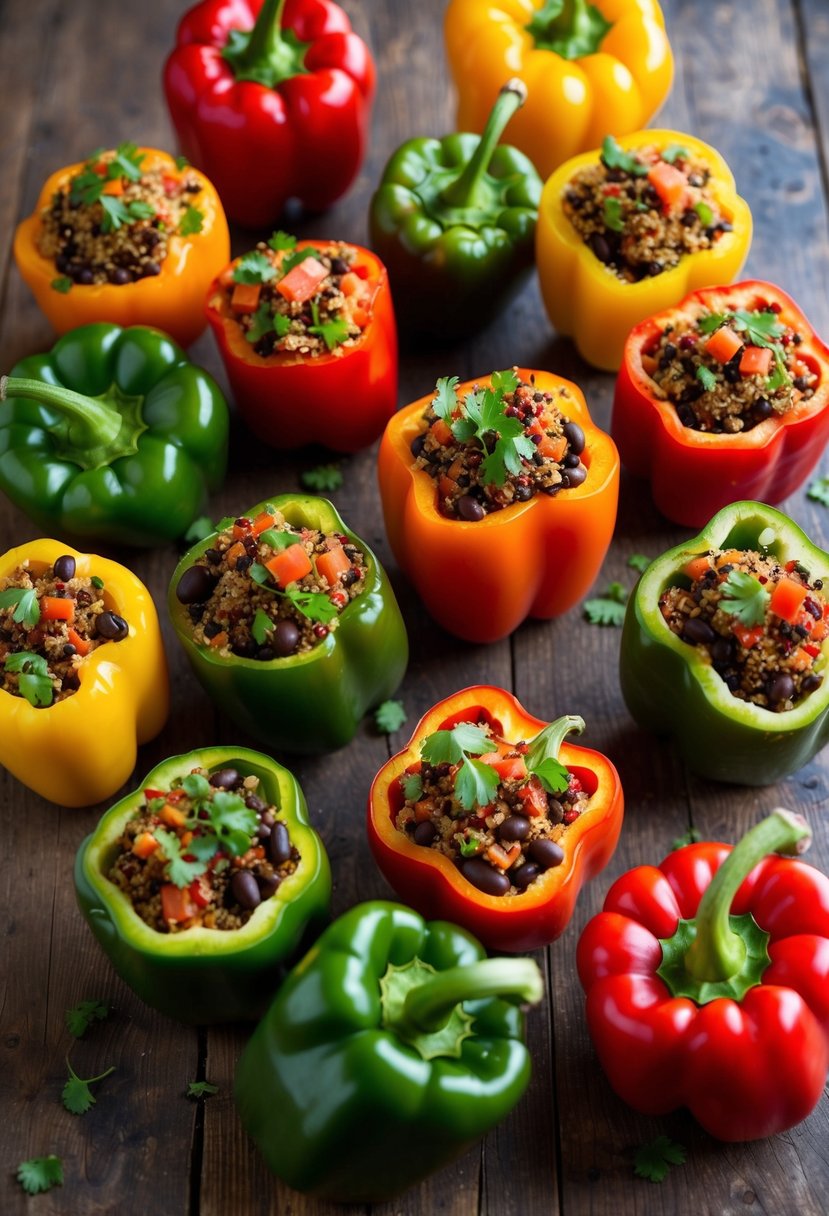 A colorful array of stuffed bell peppers filled with quinoa and black beans, arranged on a rustic wooden table