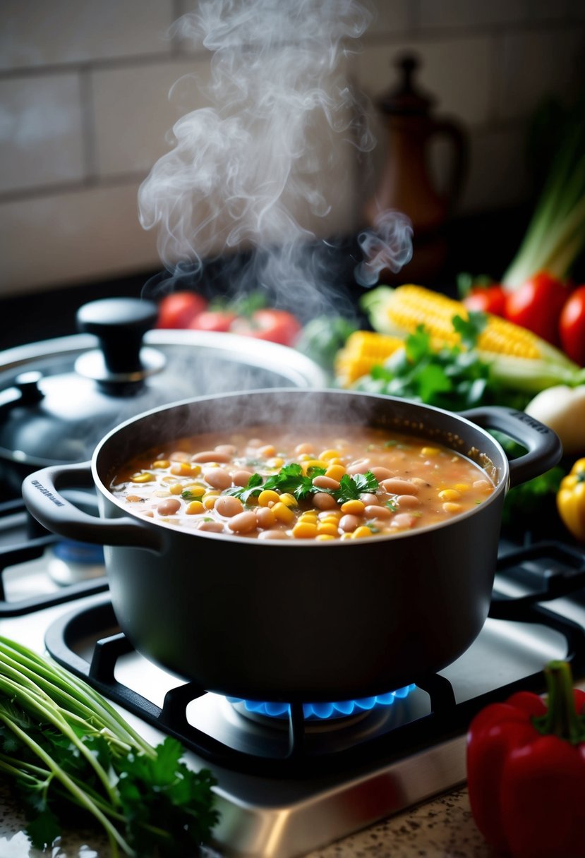 A steaming pot of bean and corn chowder simmering on a stovetop, surrounded by fresh vegetables and herbs