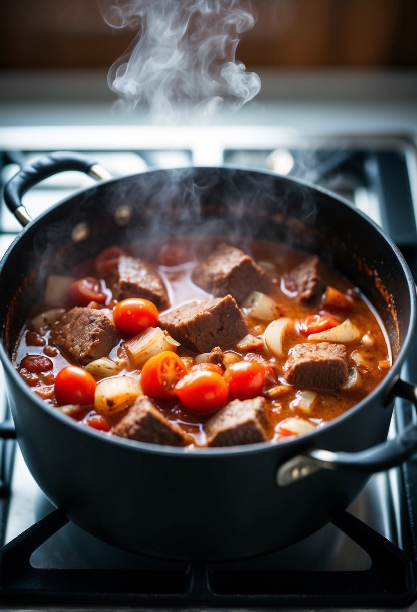 A simmering pot of goulash with chunks of beef, onions, and tomatoes, steaming on a stove