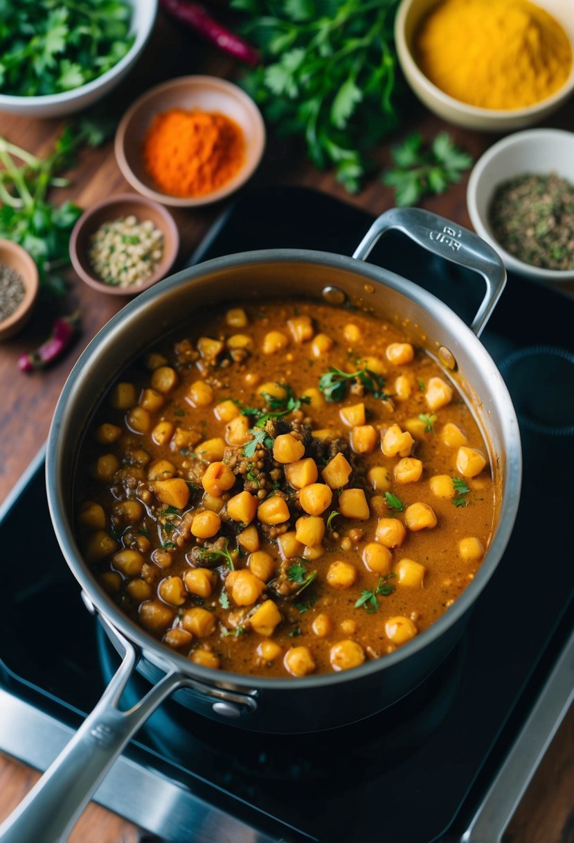 A bubbling pot of chickpea and bean curry simmering on a stove, surrounded by vibrant spices and herbs