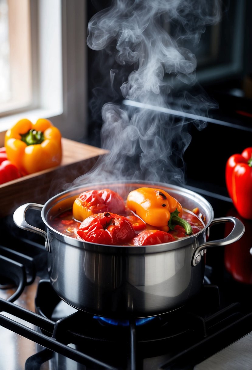 A pot simmering with roasted bell peppers and tomatoes, steam rising