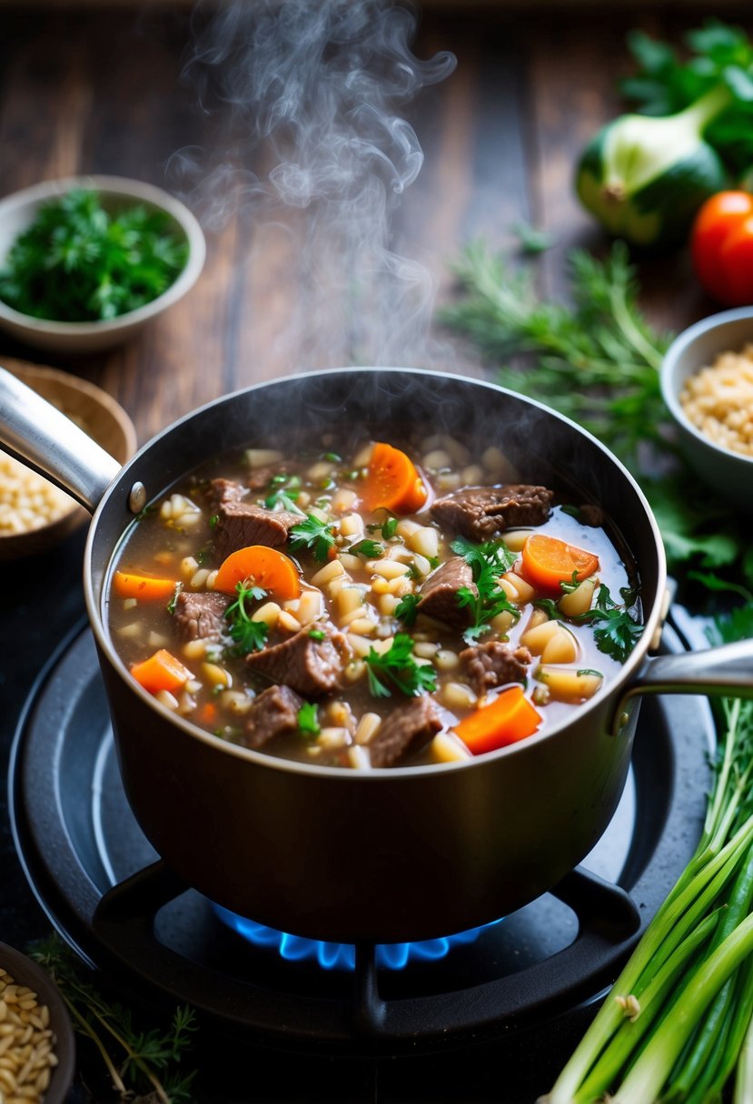 A steaming pot of hearty beef and barley soup simmers on a rustic stove, surrounded by fresh vegetables and aromatic herbs