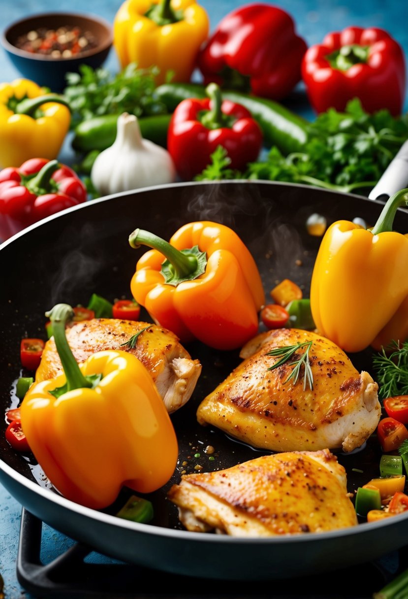 Fresh bell peppers and juicy chicken sizzling in a hot pan, surrounded by vibrant vegetables and aromatic spices