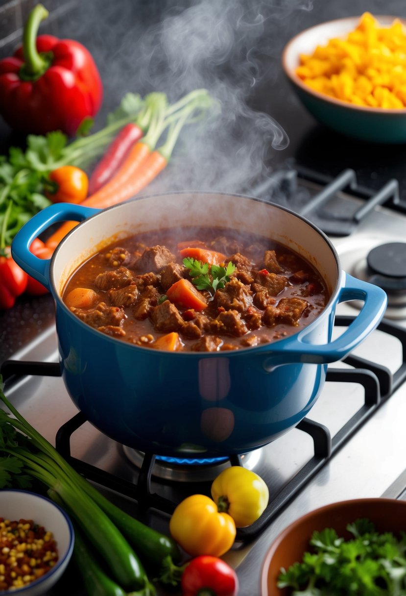 A steaming pot of beef chili simmers on a stovetop, surrounded by colorful vegetables and spices