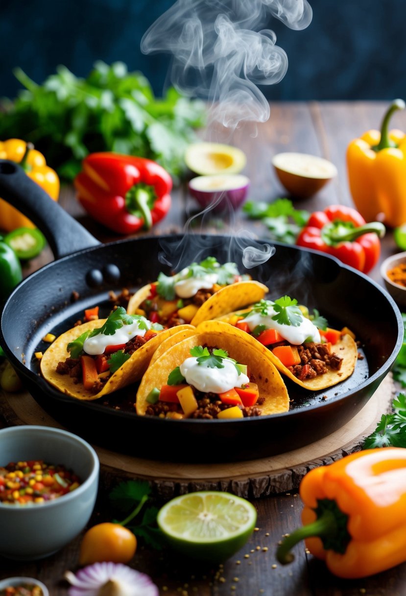 A sizzling skillet of colorful bell pepper tacos, steam rising, surrounded by vibrant ingredients and spices