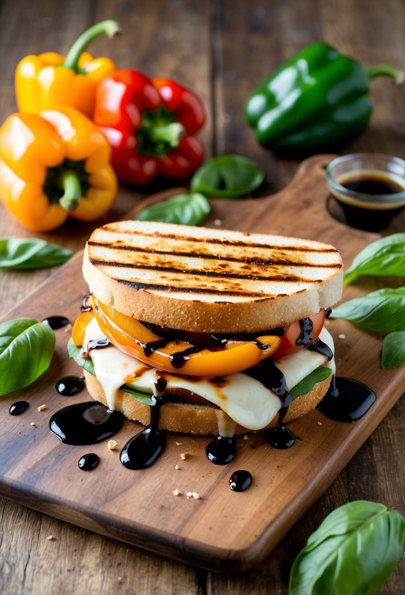 A sizzling grilled bell pepper and mozzarella sandwich on a rustic wooden cutting board, surrounded by fresh bell peppers, basil leaves, and a drizzle of balsamic glaze