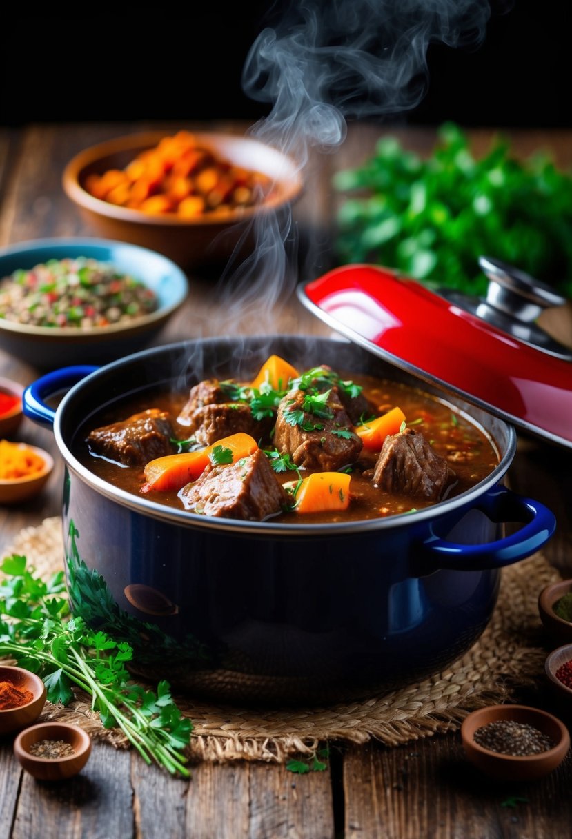 A steaming pot of Moroccan beef stew sits on a rustic wooden table, surrounded by colorful spices and fresh herbs