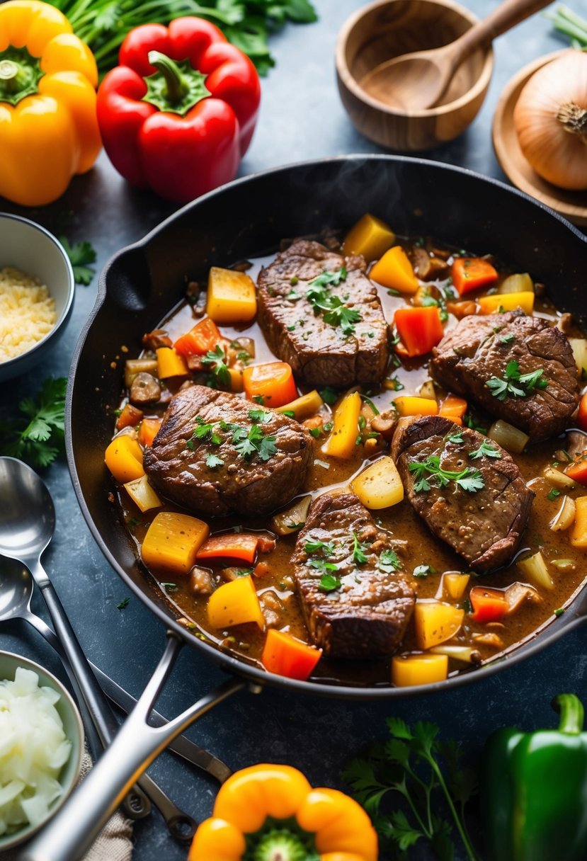 A sizzling skillet of pepper steak beef stew with colorful bell peppers and onions, surrounded by fresh ingredients and cooking utensils