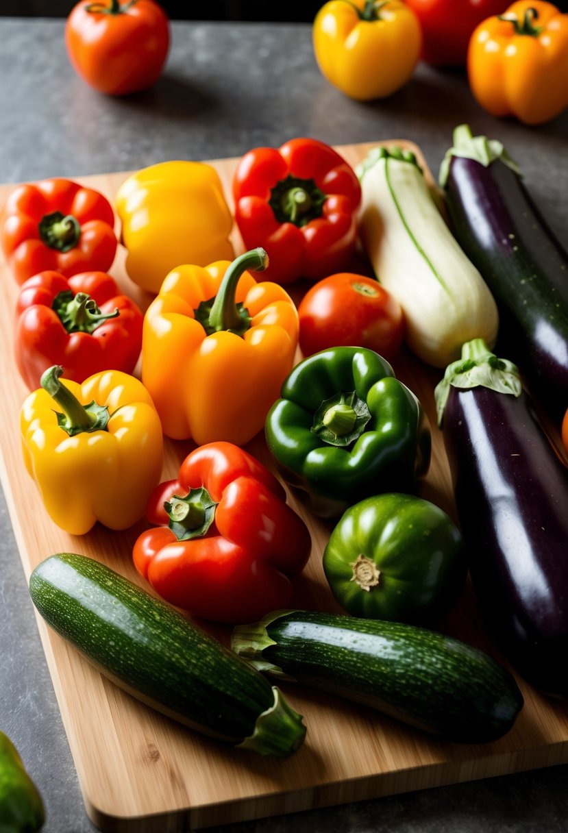 A colorful assortment of bell peppers, tomatoes, zucchini, and eggplant arranged on a cutting board, ready to be sliced and cooked into a delicious ratatouille