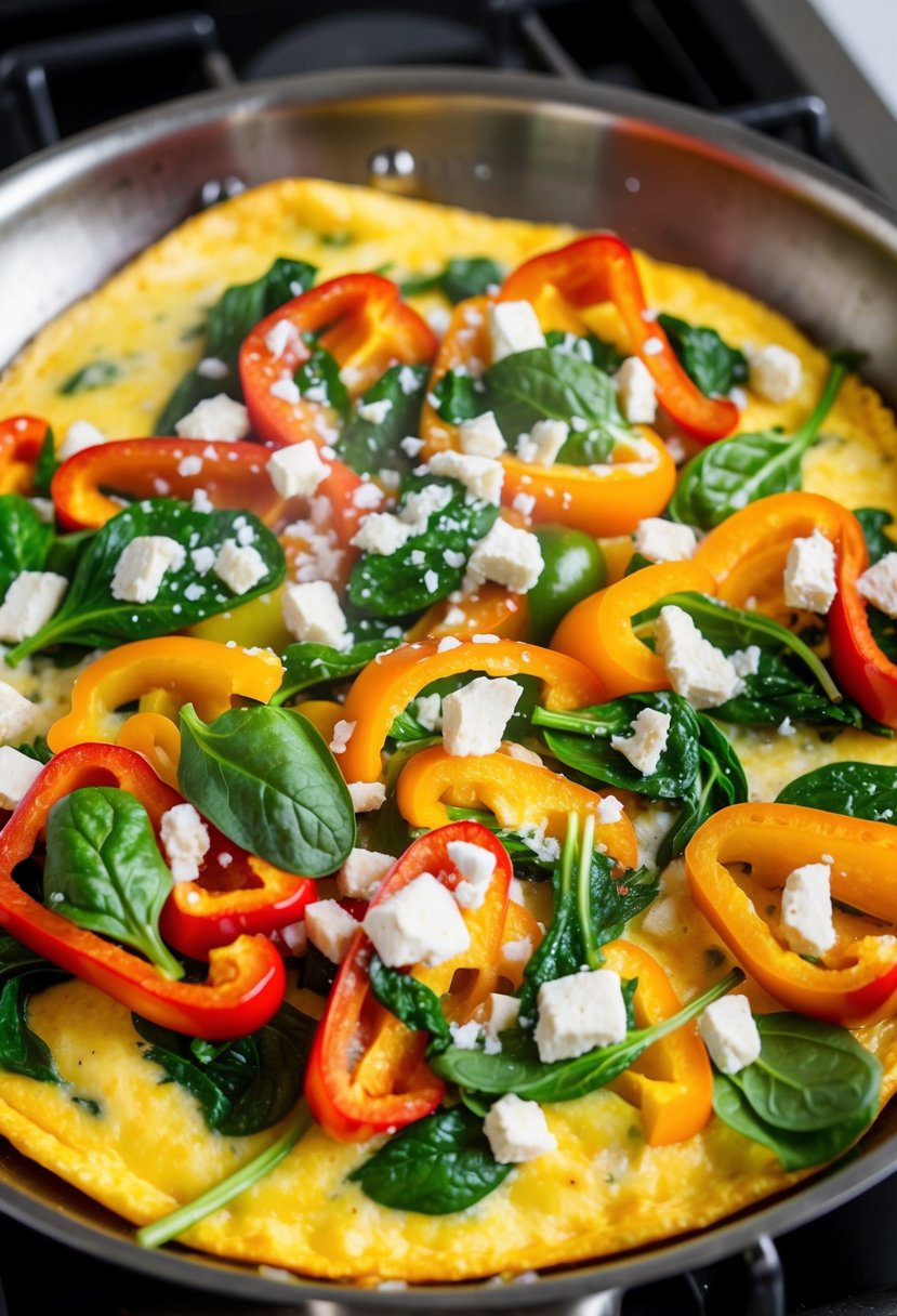 A sizzling omelette filled with vibrant bell peppers, fresh spinach, and crumbled feta cheese cooking in a skillet on a stovetop