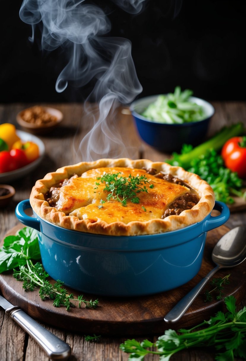 A steaming beef pot pie sits on a rustic wooden table, surrounded by fresh vegetables and herbs