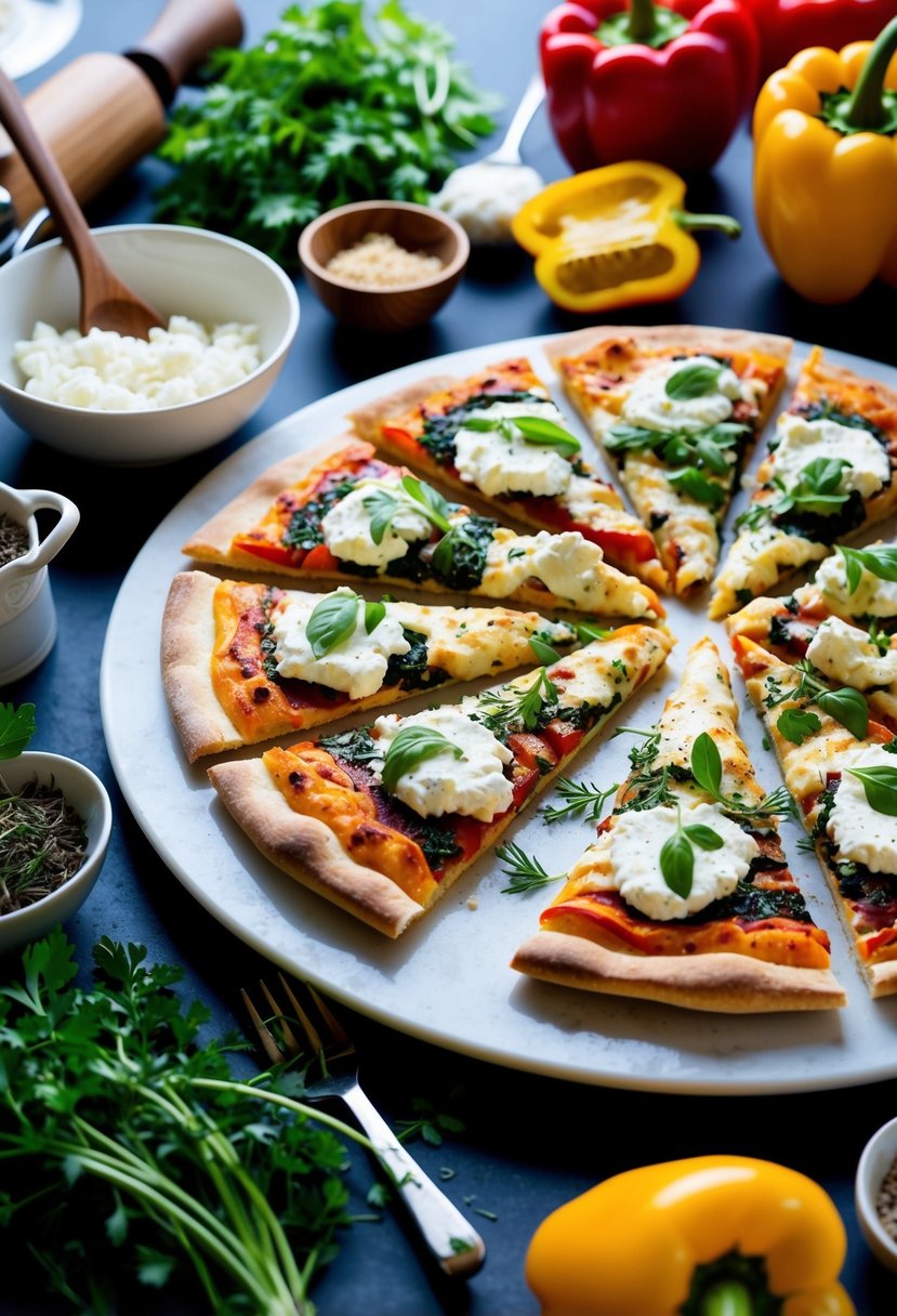 A colorful bell pepper pizza topped with creamy goat cheese and fresh herbs, surrounded by vibrant ingredients and kitchen utensils