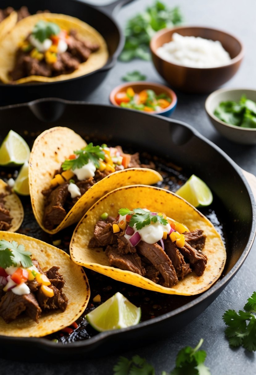 A sizzling skillet of beef tacos with a variety of colorful toppings and garnishes