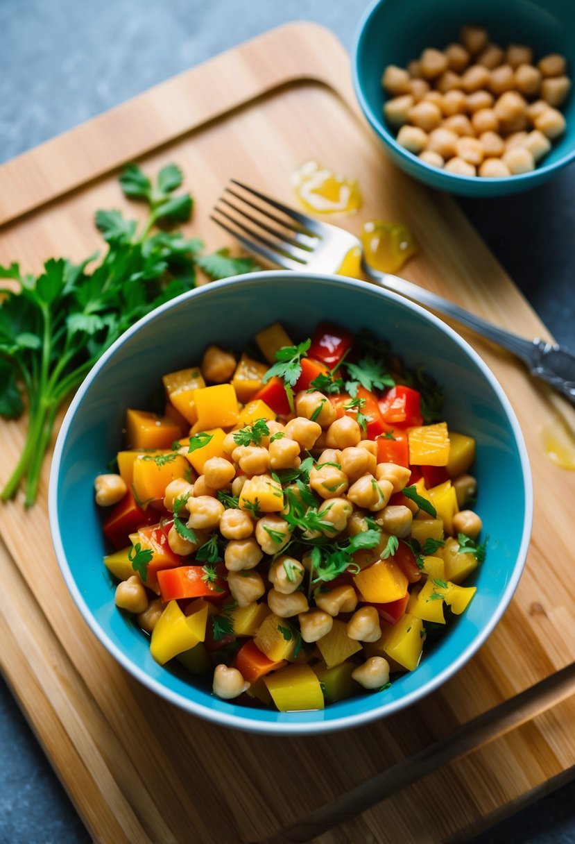 A vibrant bowl of diced bell peppers and chickpeas, mixed with fresh herbs and drizzled with vinaigrette, sits on a wooden cutting board