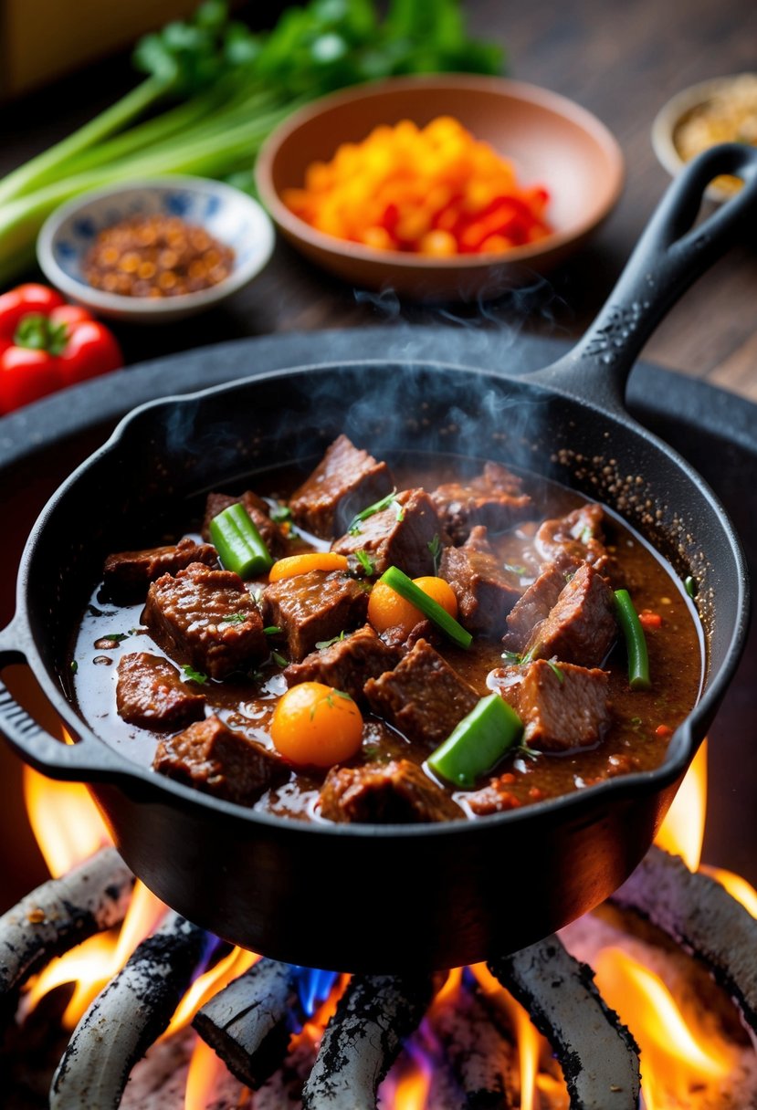 A sizzling teriyaki beef stew bubbles in a cast iron pot over a crackling fire, surrounded by colorful vegetables and aromatic spices