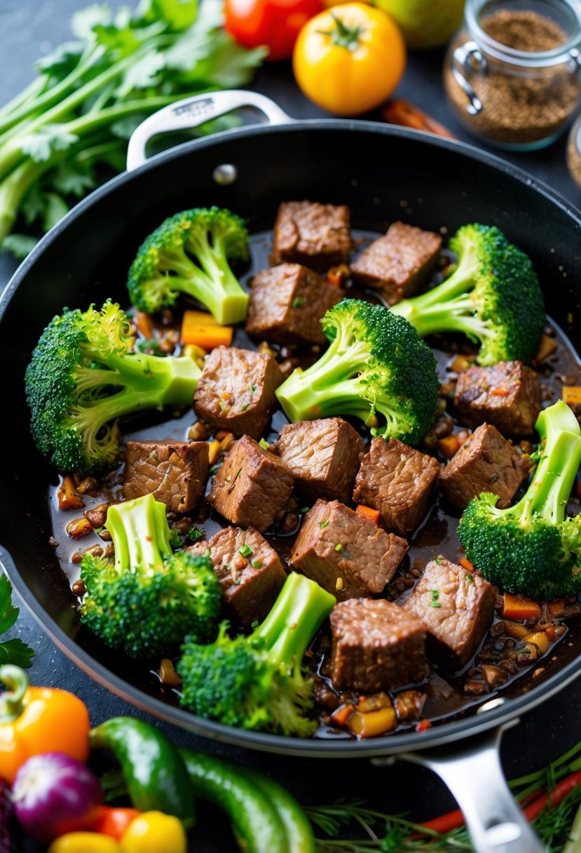 A sizzling skillet with chunks of beef and vibrant broccoli, surrounded by colorful vegetables and aromatic spices