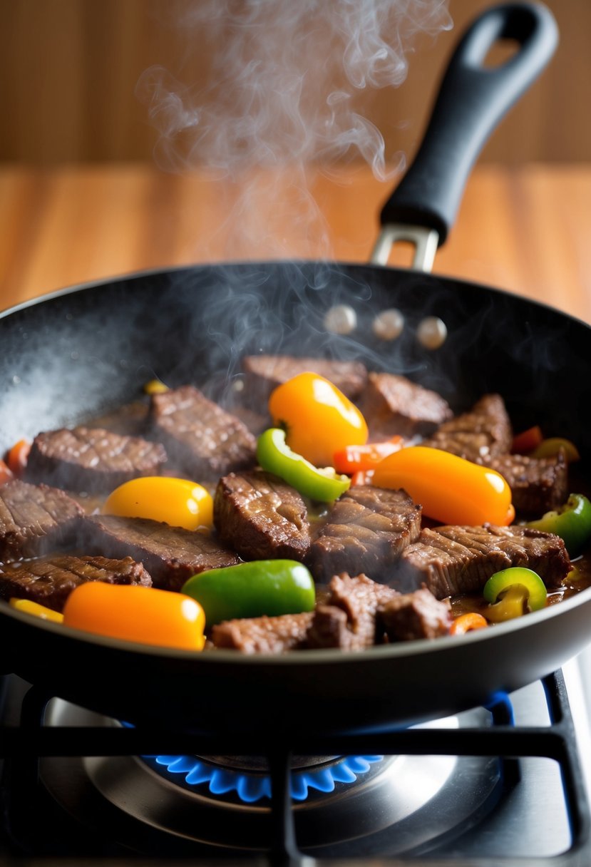 Sizzling beef and bell peppers cooking in a hot skillet, emitting a mouthwatering aroma