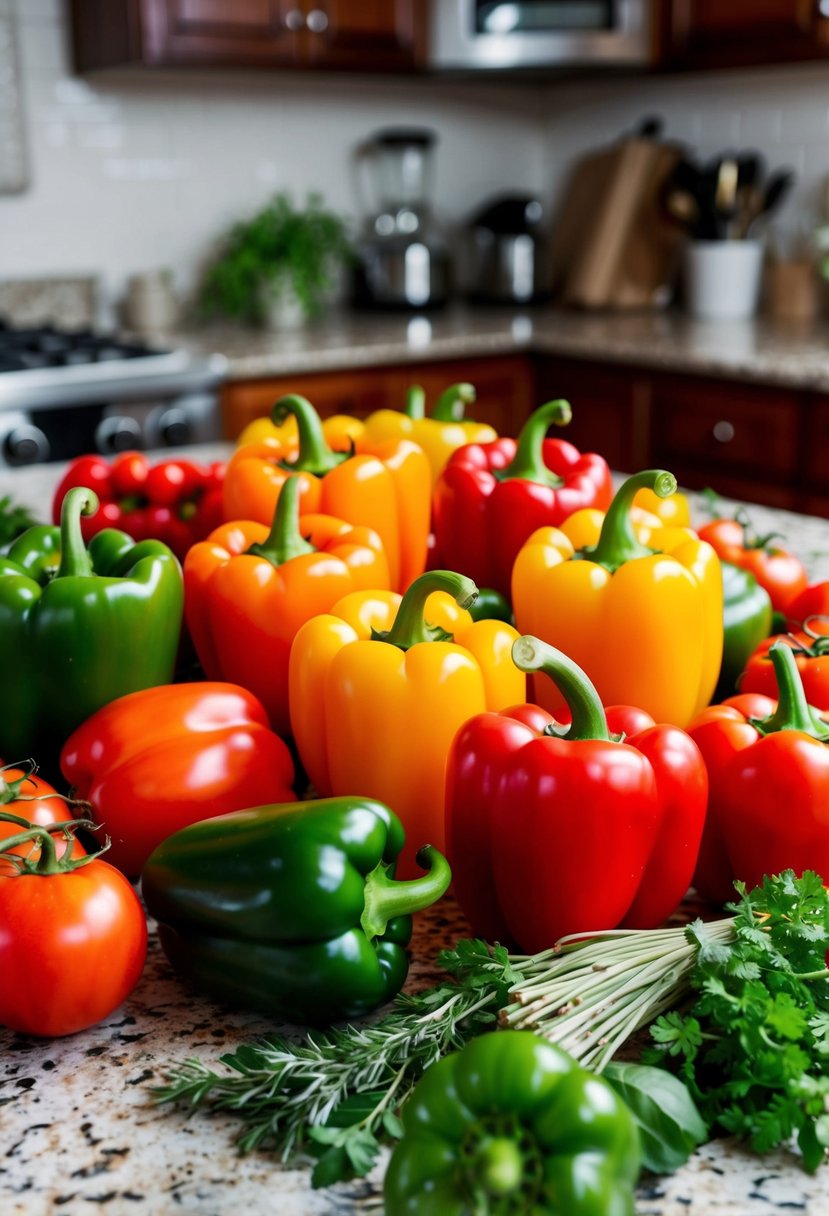 A vibrant array of bell peppers, tomatoes, and herbs arranged on a kitchen counter, ready to be transformed into a colorful bell pepper gazpacho