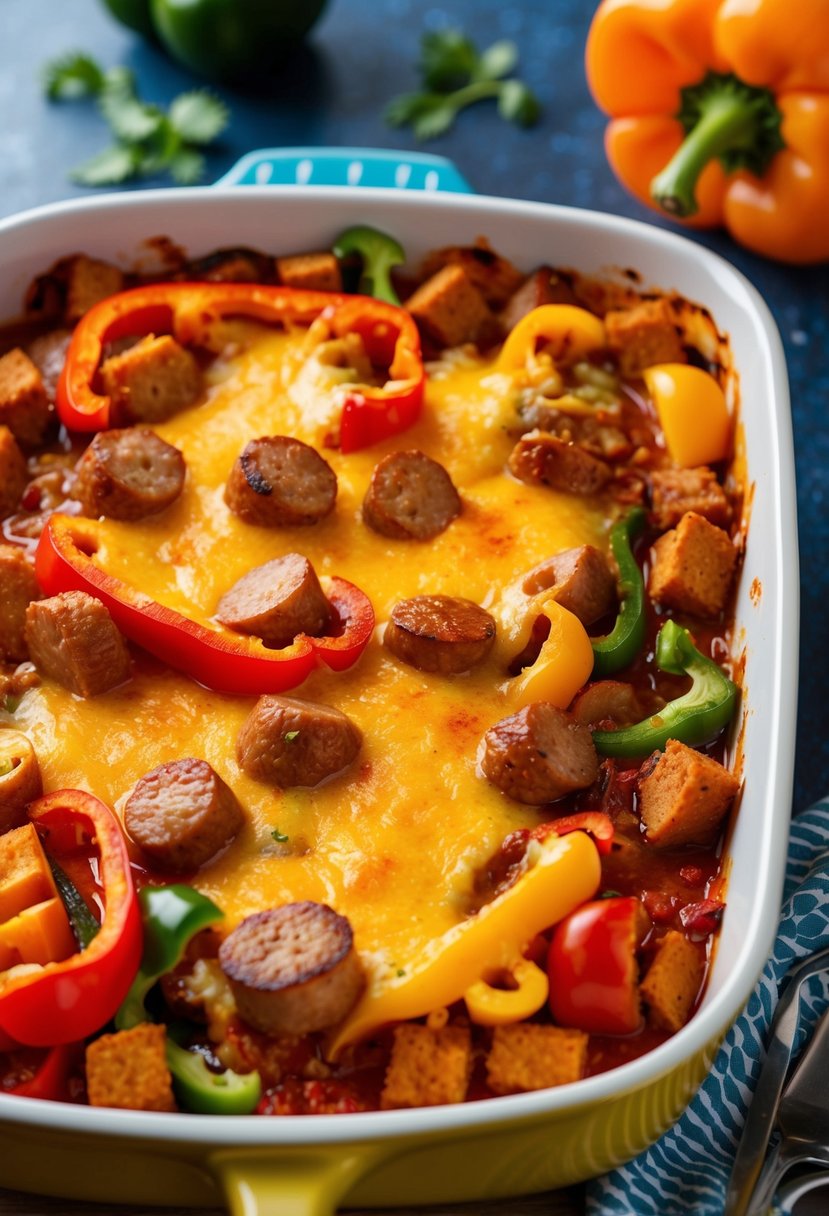 A colorful casserole dish filled with sliced bell peppers, chunks of sausage, and a rich, savory sauce, topped with a golden, bubbly layer of melted cheese