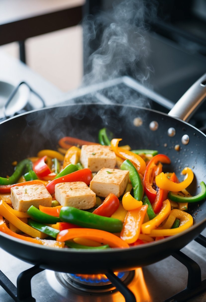 A sizzling stir-fry pan with colorful bell peppers and tofu cooking over a hot flame