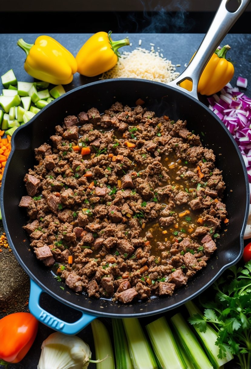 A sizzling skillet of ground beef surrounded by colorful chopped vegetables and a variety of seasonings