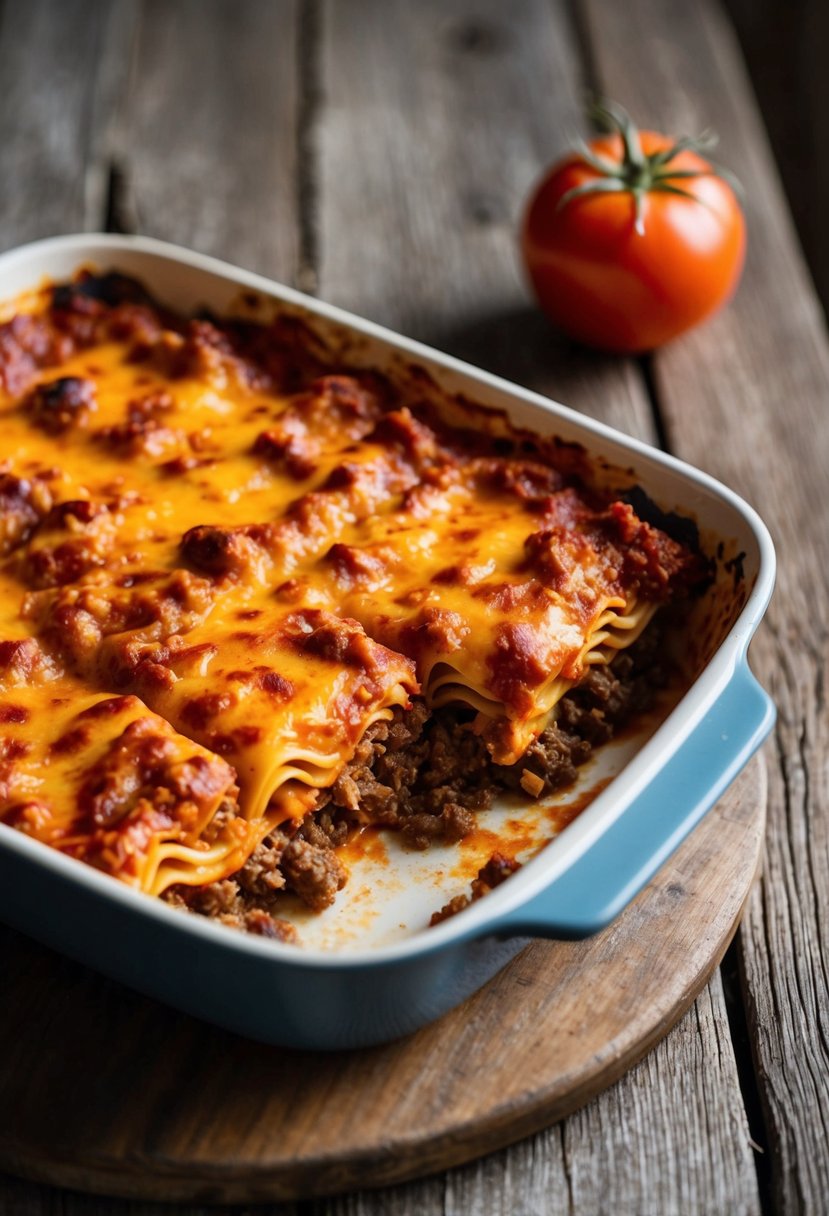 A bubbling, golden-brown lasagna sits on a rustic wooden table, oozing with layers of cheesy beef and savory tomato sauce