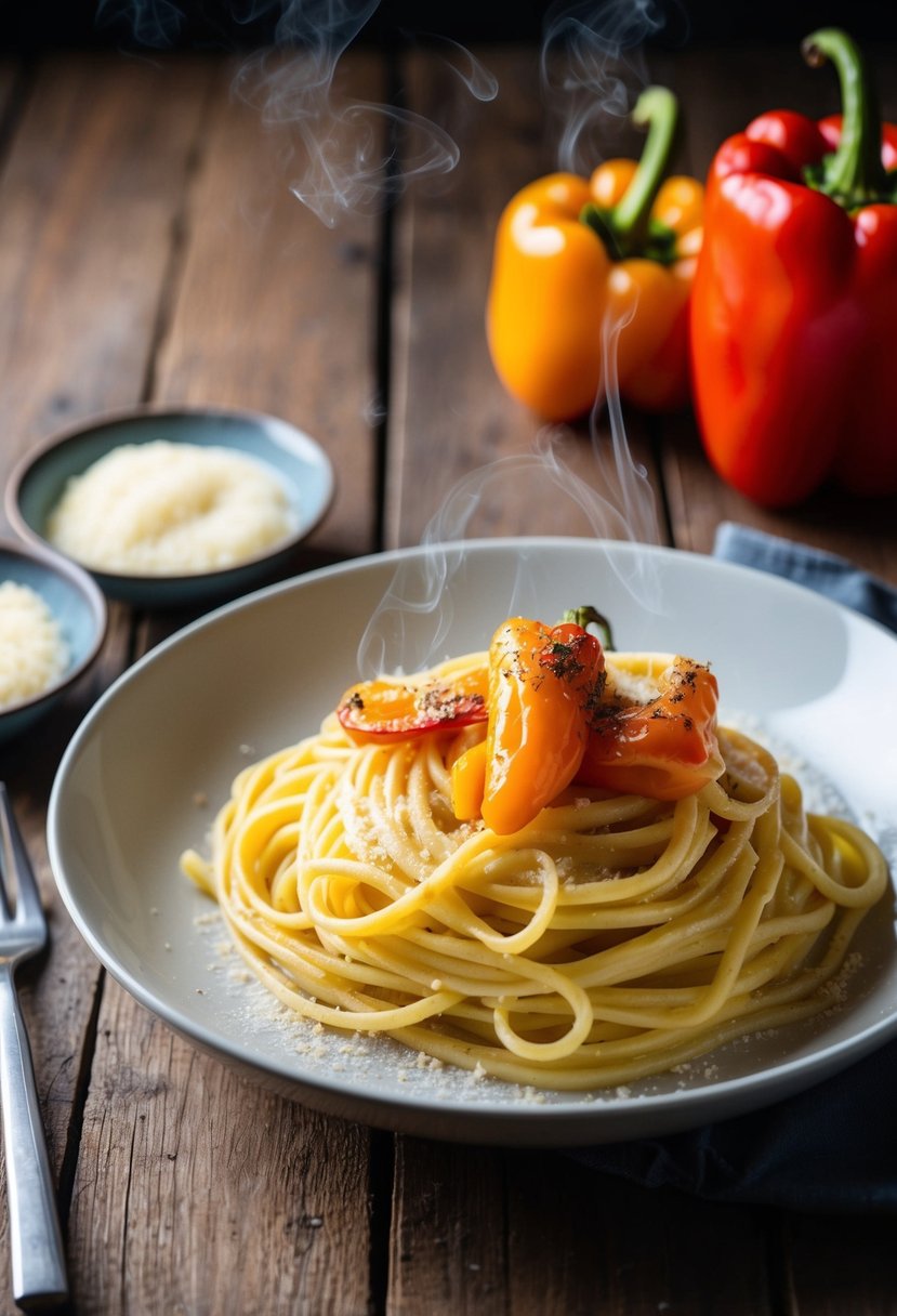 A steaming plate of creamy pasta topped with roasted bell peppers on a rustic wooden table