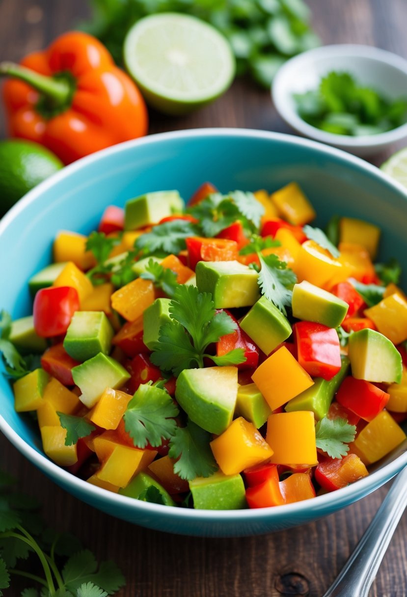 A colorful bowl of diced bell peppers and avocado mixed together with cilantro and lime juice