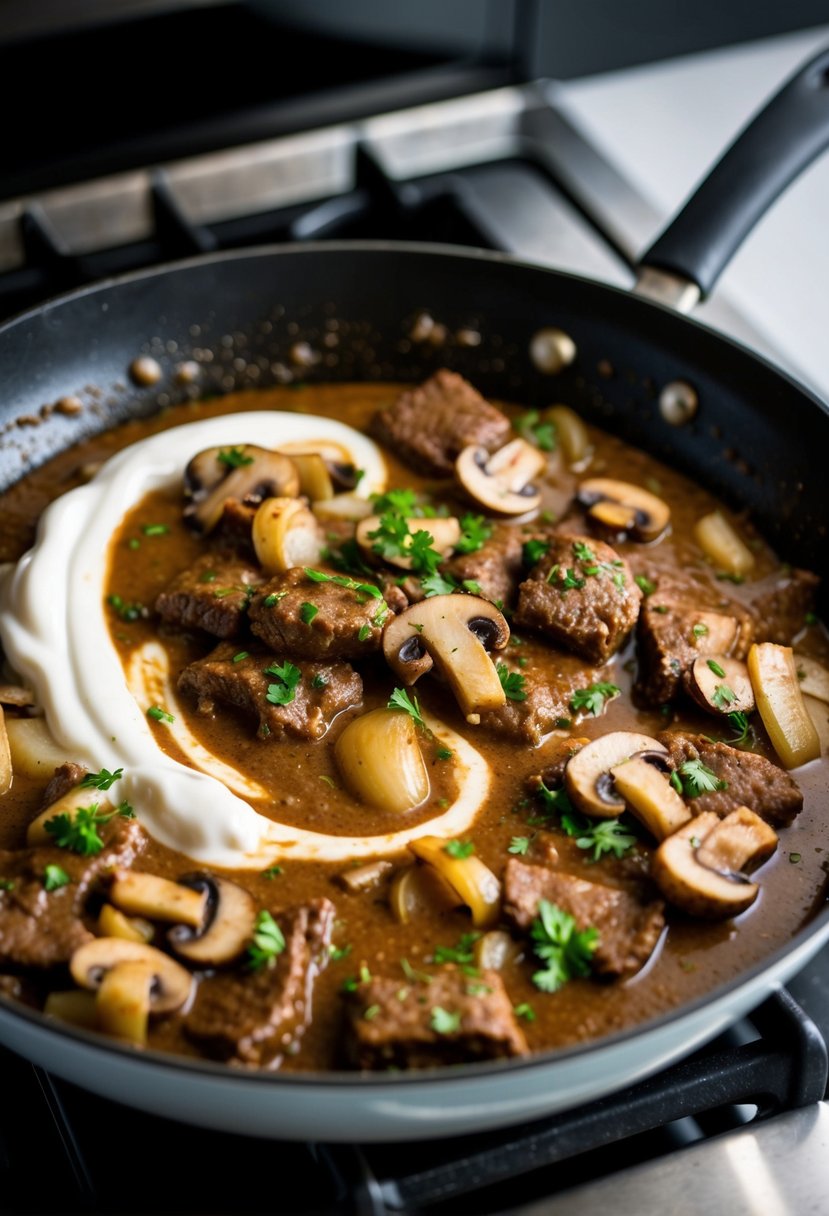 A sizzling skillet of beef stroganoff simmers on a stovetop, with mushrooms and onions adding depth to the savory aroma. Sour cream swirls into the rich sauce, creating a creamy finish