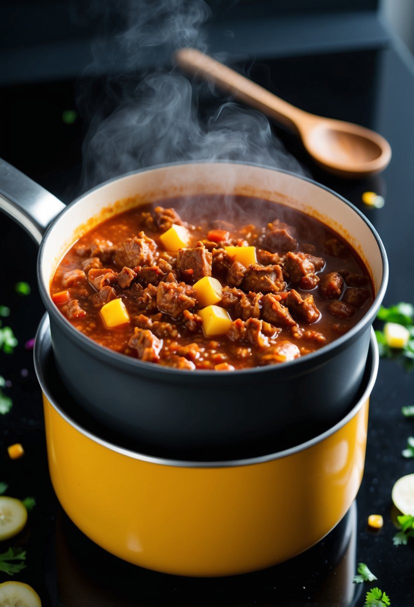 A steaming pot of hearty beef chili simmers on a stovetop, surrounded by scattered ingredients and a wooden spoon