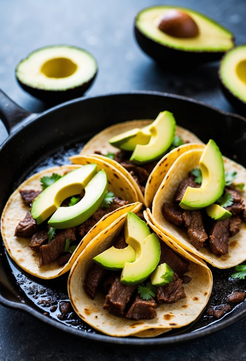 A sizzling skillet of beef tacos topped with slices of ripe avocado